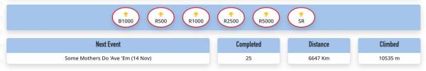 Screenshot of a cycling statistics dashboard showing Audax award badges from 100 km to Super Randonneur, with totals of 6,647 km ridden, 10,535 m climbed, and the next event ‘Some Mothers Do Ave ‘Em’ on 14 November.